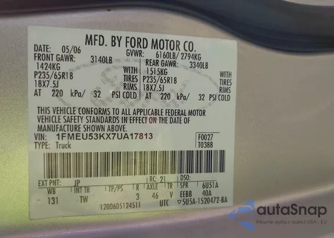 2007 Ford Explorer Sport Trac Limited z USA, uszkodzony, nr VIN 1FMEU53KX7UA17813